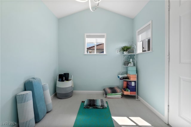 interior space with lofted ceiling and radiator heating unit