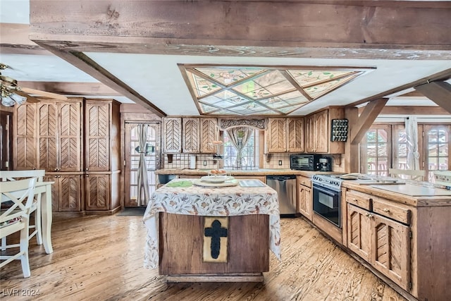 kitchen featuring dishwasher, light hardwood / wood-style flooring, stove, and a wealth of natural light