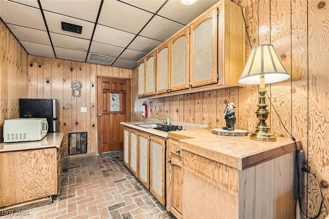 kitchen with light brown cabinetry, a paneled ceiling, and wood walls