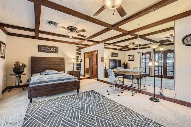 bedroom featuring carpet floors, beam ceiling, and coffered ceiling