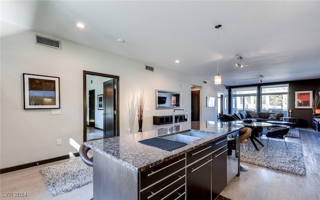 kitchen with sink, light hardwood / wood-style floors, pendant lighting, a center island with sink, and dark brown cabinets