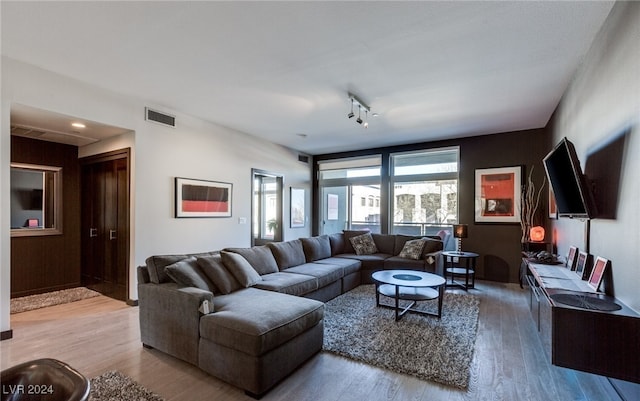 living room featuring track lighting and wood-type flooring