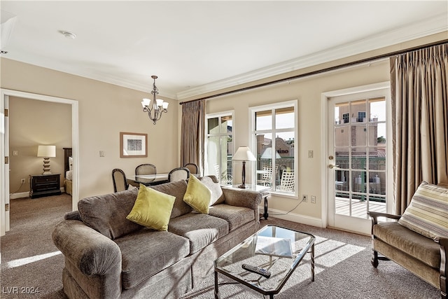 living room featuring crown molding, carpet flooring, and a chandelier