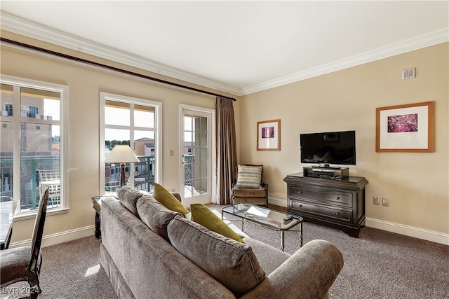 carpeted living room featuring crown molding