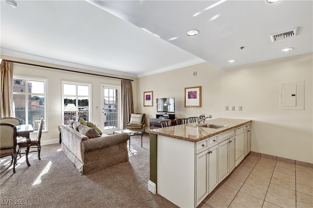 kitchen with light carpet, sink, kitchen peninsula, electric panel, and dishwasher