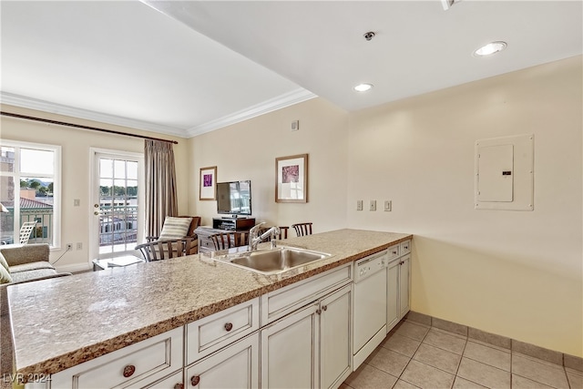 kitchen with kitchen peninsula, electric panel, sink, and white dishwasher