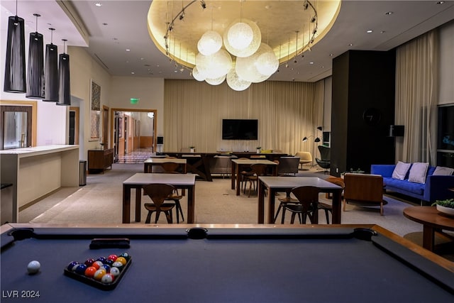 rec room with light carpet and billiards