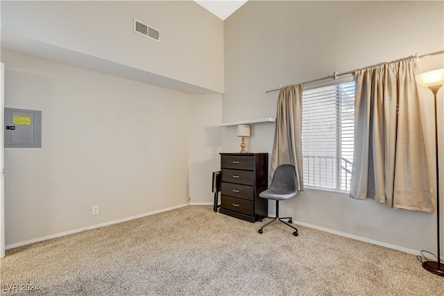 carpeted office space with electric panel and a towering ceiling