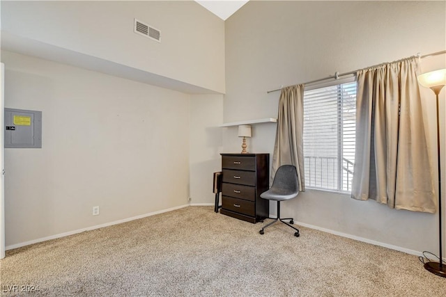 4810 Black Bear Rd Unit 202, Las Vegas, NV 89149 - carpeted home office with plenty of natural light, electric panel, and high vaulted ceiling