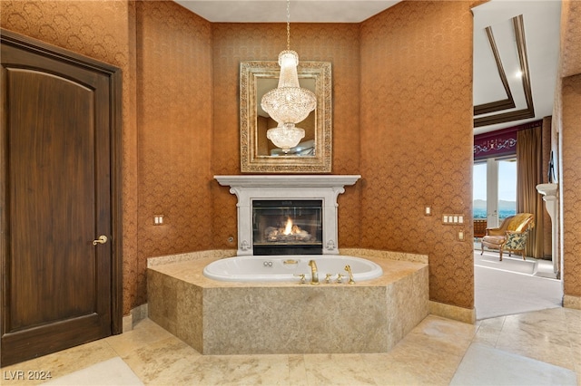 bathroom featuring tile patterned flooring, crown molding, and a relaxing tiled tub