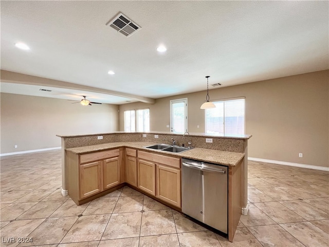 kitchen featuring ceiling fan, pendant lighting, sink, dishwasher, and light tile patterned floors