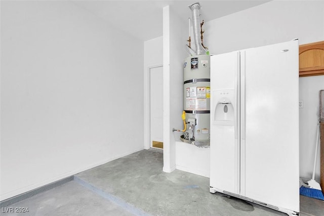 garage featuring white fridge with ice dispenser and water heater