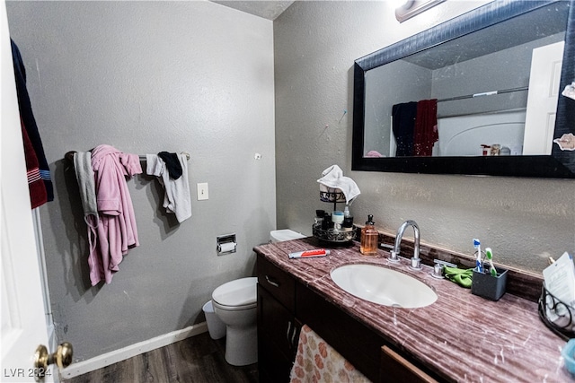 bathroom featuring toilet, vanity, and wood-type flooring