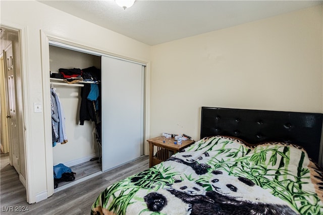 bedroom featuring wood-type flooring and a closet