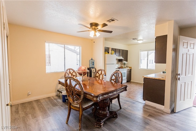 dining room featuring wood-type flooring, a textured ceiling, and ceiling fan