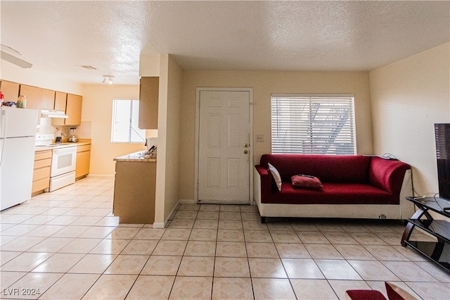 living room with light tile patterned flooring and a textured ceiling