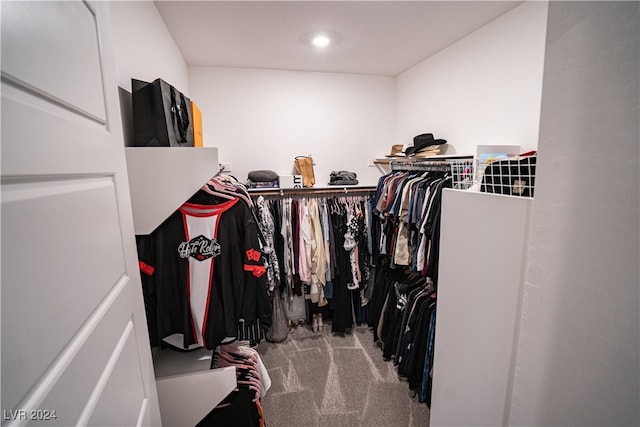 walk in closet with carpet