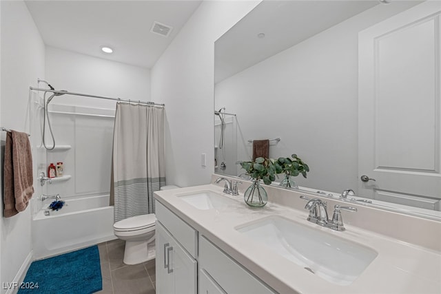 full bathroom featuring shower / bath combination with curtain, toilet, tile patterned flooring, and vanity