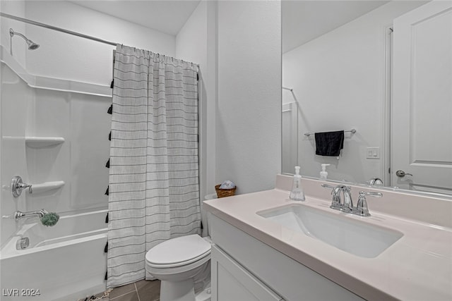 full bathroom with shower / bath combination with curtain, toilet, tile patterned flooring, and vanity