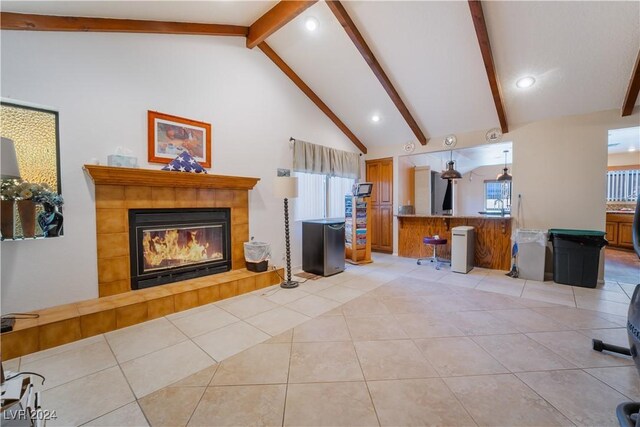 2504 Windjammer Way, Las Vegas, NV 89107 - living area featuring a tile fireplace, recessed lighting, and light tile patterned flooring