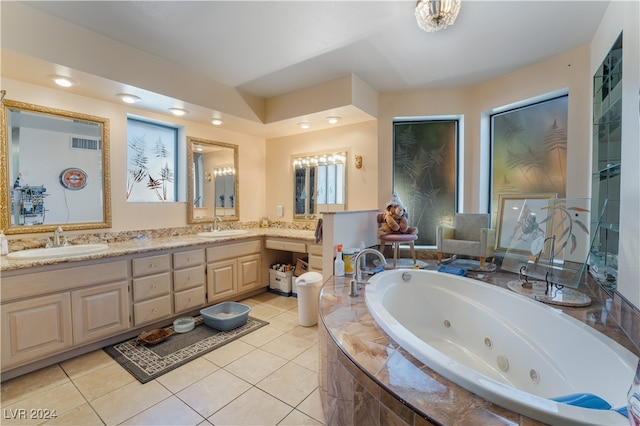 bathroom with vanity, separate shower and tub, and tile patterned flooring