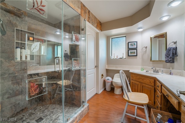 bathroom with a shower with door, toilet, vanity, and hardwood / wood-style floors