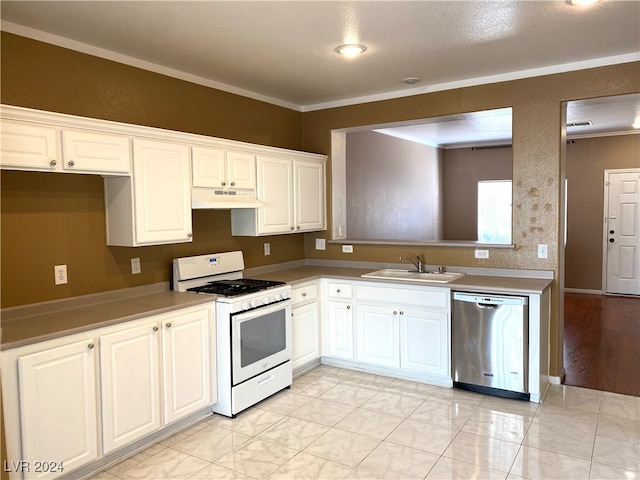 kitchen with dishwasher, sink, white gas range, white cabinetry, and ornamental molding