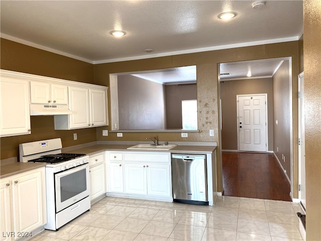 kitchen with white cabinets, crown molding, dishwasher, white range with gas stovetop, and sink