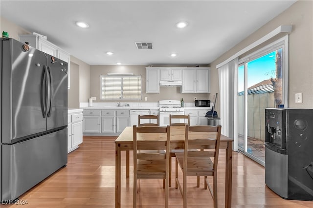 kitchen featuring white cabinets, light wood-type flooring, sink, and white appliances