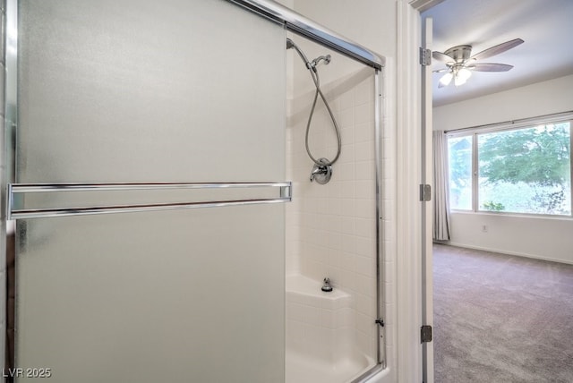 7625 Fieldfare Dr, North Las Vegas, NV 89084 - bathroom featuring a stall shower, ceiling fan, and baseboards