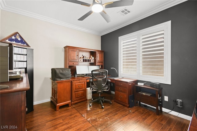 office featuring dark hardwood / wood-style floors, ceiling fan, and crown molding