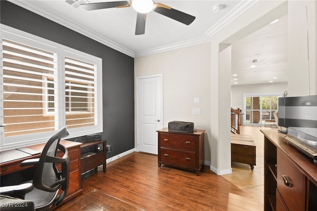 office area featuring crown molding, ceiling fan, and dark hardwood / wood-style floors