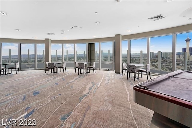 playroom featuring carpet floors and billiards