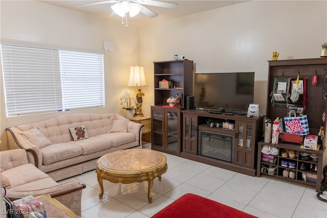 living room featuring ceiling fan