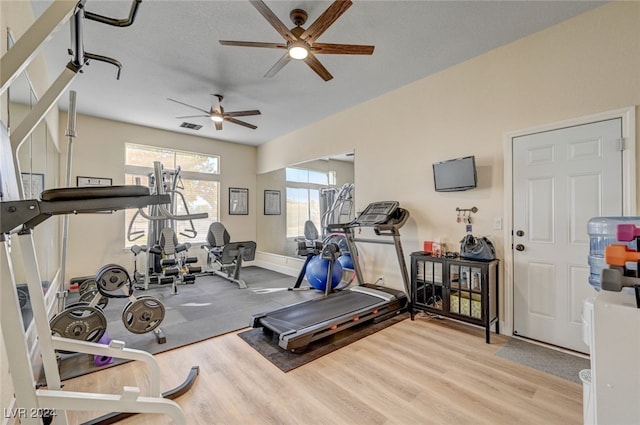 workout room with light hardwood / wood-style floors and ceiling fan