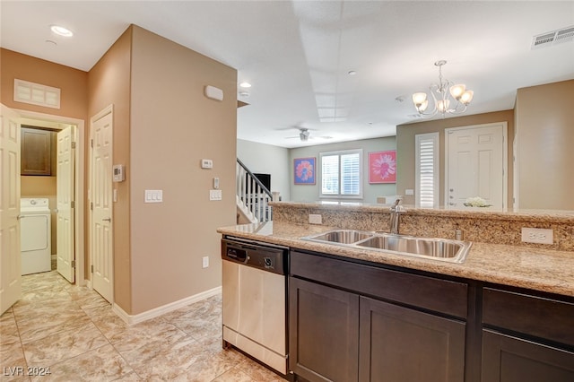 kitchen featuring sink, dishwasher, dark brown cabinetry, and decorative light fixtures