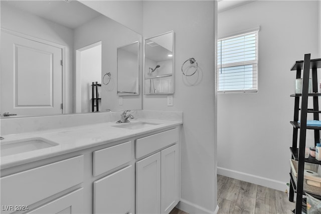 bathroom with vanity and hardwood / wood-style floors