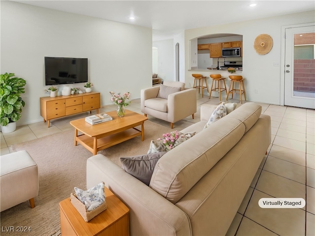 tiled living room with sink