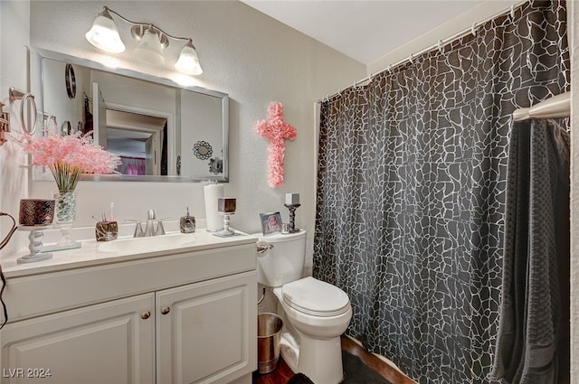 bathroom featuring vanity, toilet, and curtained shower