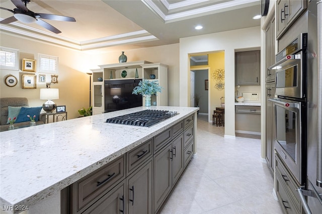 kitchen featuring ceiling fan, light stone counters, crown molding, and appliances with stainless steel finishes