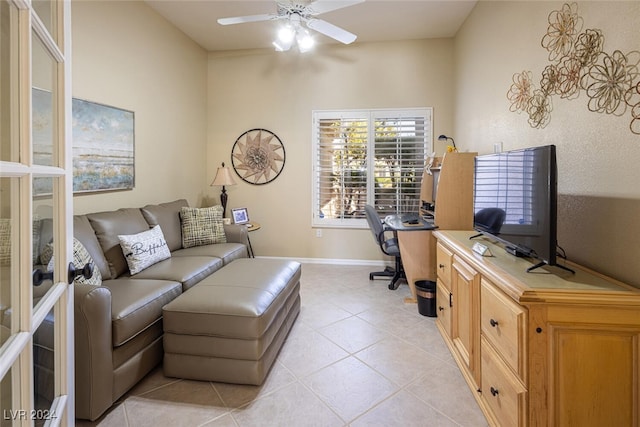 home office featuring ceiling fan and light tile patterned floors