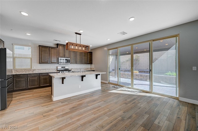 kitchen with a wealth of natural light, appliances with stainless steel finishes, light hardwood / wood-style flooring, and pendant lighting