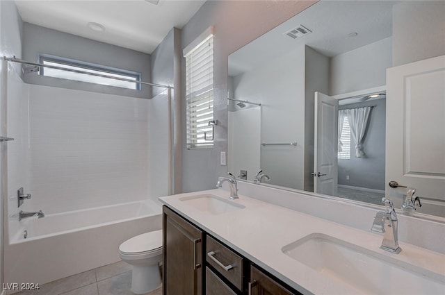 full bathroom with shower / bath combination, vanity, toilet, and plenty of natural light