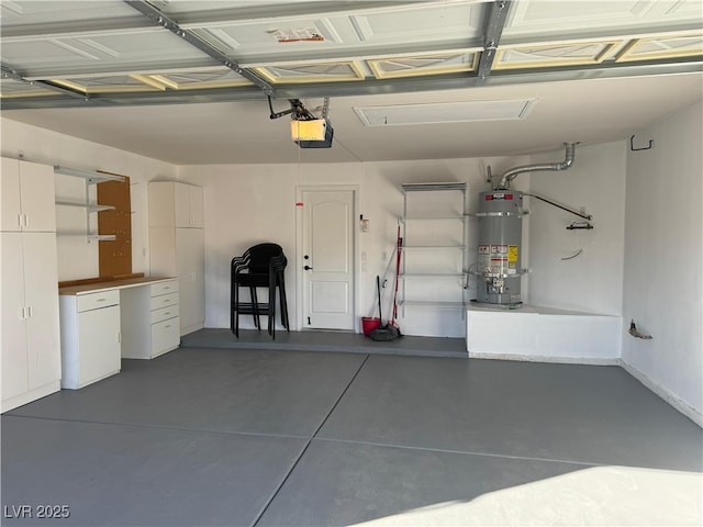 garage featuring a garage door opener and strapped water heater