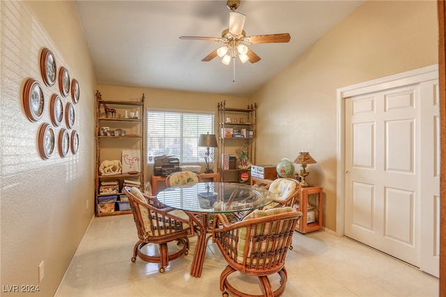 dining space with lofted ceiling and ceiling fan