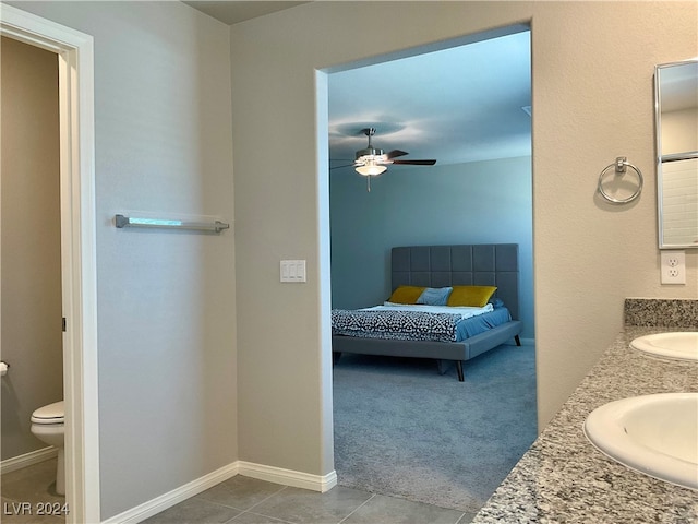 bathroom with toilet, vanity, tile patterned floors, and ceiling fan