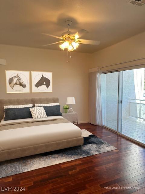 491 Marina Cv, Boulder City, NV 89005 - bedroom featuring access to outside, wood finished floors, baseboards, and ceiling fan