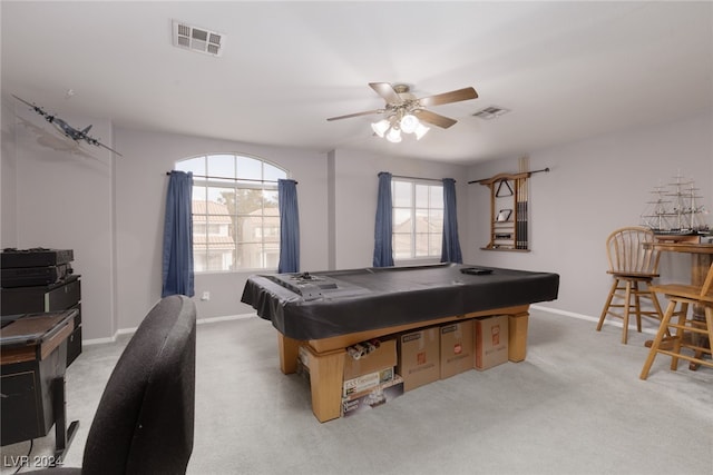 rec room featuring light carpet, pool table, plenty of natural light, and ceiling fan