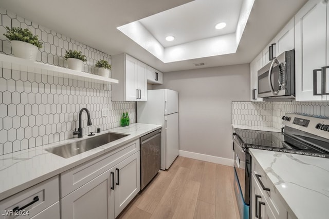 kitchen featuring sink, white cabinets, stainless steel appliances, and light wood-type flooring