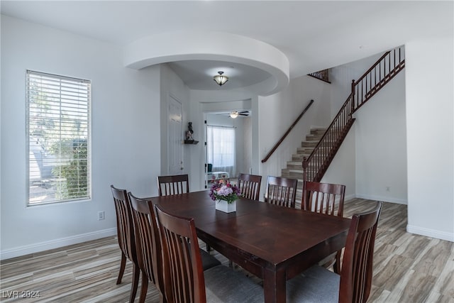 dining room with light hardwood / wood-style flooring and ceiling fan